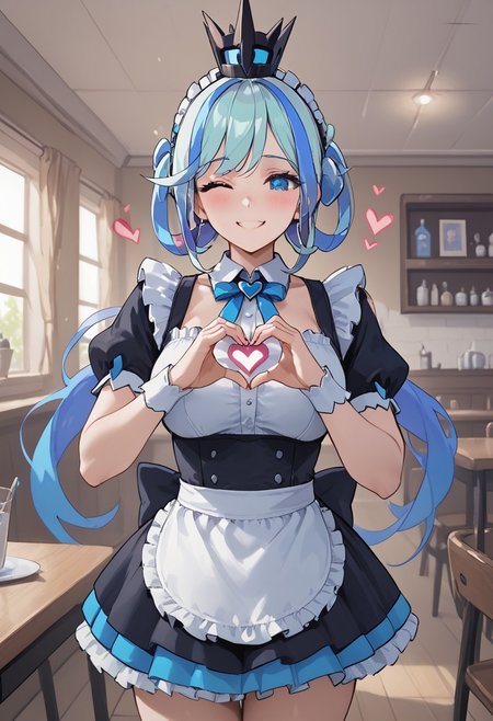 score_4,score_5,score_6,score_7_up,score_8_up,score_9 ((masterpiece,best quality,ultra detailed,highres,HD,4k:1.2)), 
1girl, solo,solo focus,girl focus,face focus,
blue hair,two-tone hair,multicolored hair,streaked hair,single hair bun,crown,blue eyes,large breasts,
Maid outfit,Sleeveless, maid headband, frilly apron,Short sleeves, short skirt, thighs,
inside the cafe, ((Make a heart symbol with both hands, heart with both hands,heart hands,heart symbol,heart,heart effect,)), 
blush,shy,smile,((wink,closed one eye)),
