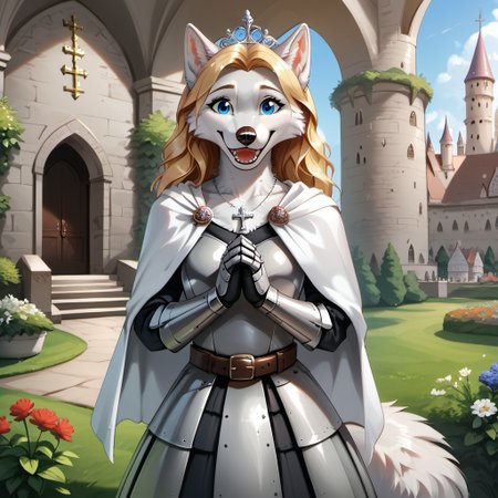 anthro, female dog, white fur, blue eyes, long blonde hair, silver knight armor, armored skirt, praying, medieval castle, garden, arch, canine teeth, fluffy tail, ear tuft, silver cross necklace, silver tiara, open smile, stone wall, white cape, belt, solo,
