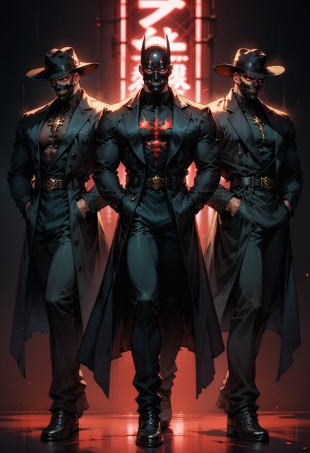 (score_9, score_8_up) ,score_7_up, 3men, bara, mask, face mask, face covered, full body pose, black hat, looking at viewer, shadow men, in all black, sinister, red glowing eyes, gloomy, unholy, hands behind back, black trench coat, all black attire, dark background, simple background, neon lights, gothic, arrogant, blurry background, black background, gritty, chaotic, Cinematic quality rendering, dark lighting
<lora:DetailedEyes_V3:0.5> <lora:add-detail-xl:0.5> <lora:masky-000011:0.5>