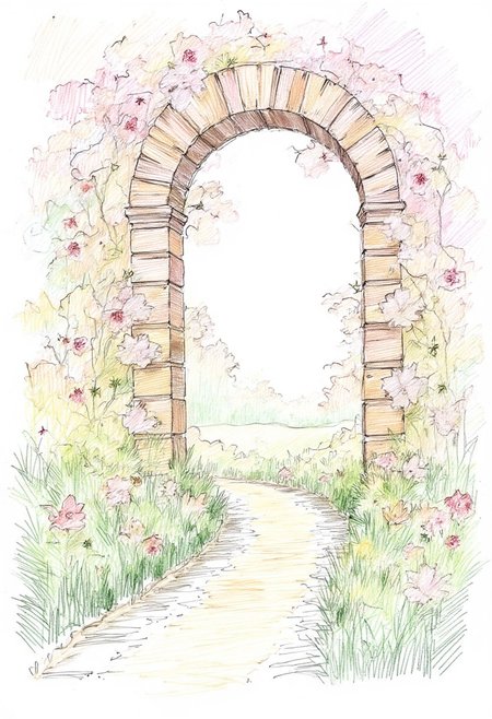 Pencil color, strokes of a landscape, portait of a beautiful arch adored in lilies , gradual gradient of spectrum of light , split into different segments visually , perfect strokes
