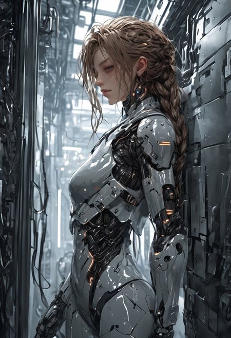 cpunk, 
score_9, score_8_up, score_8, female, cel-shading, backlit, delicate features, very long hair, (braid), upper body, big breasts, techwear, cyborg, techwear, dynamic pose, freckles, glowing machine parts, jumpsuit, edgelit, seductive smile, cold, Taller than the door, workshop, detailed background, wide hips, thick thighs, ((smug)),