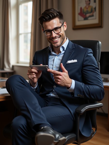 Tanju has brown eyes. He is an attractive man and is muscular.wearing business suit. glasses, He is in his office and sitting on his office desk. He hold a tablet in his hand, His legs are spread. he laughing