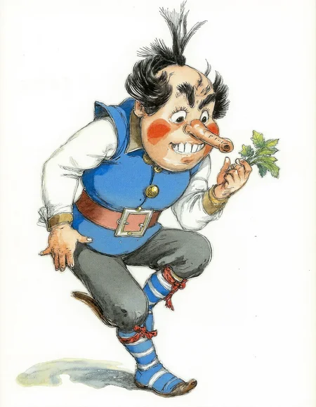 <lora:lv:1>, This image is a watercolor illustration depicting a whimsical, cartoon-like figure of a man with a mischievous expression. The man has a round, bulbous nose, a large, pointed chin, and tousled black hair. He is dressed in a bright blue sleeveless vest over a white shirt, secured with a wide, red belt. His trousers are dark blue, and he wears knee-high, striped socks in shades of blue and white, tied with red ribbons at the top. The man is standing on one leg, with the other leg bent at the knee, giving him a playful, lopsided stance. He holds a small, green, leafy plant in his right hand, which he appears to be examining closely., 
The background is plain white, with no additional elements or scenery, making the figure the focal point. The textures in the watercolor are soft and fluid, with visible brushstrokes and blending, giving the illustration a hand-drawn, organic feel. The colors are vibrant and cheerful, with the blue vest and red belt standing out prominently against the neutral tones of the man's shirt and the dark blue of his trousers. The overall style is whimsical and playful, reminiscent of children's book illustrations from the late 19th to early