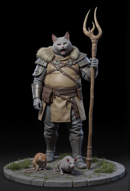 a cute fat cat with a striking appearance. He's wearing light leather armor with many straps around the collar with matching fur long gloves and boots. He standing in the middle of a the forest next to his friend mouse. In his hand is a wooden staff full of nature. His expression is happy and laughing. 
Foating above a flat gray ground and black background, the camera angle is high rotated at a 45 degree angle Set against a solid dark black color background to emphasize its unnatural form that emphasizes its silhouette. The medium is not a traditional painting or illustrative medium like watercolor or ink but rather a digital 3D rendering. 
MikeFranchinastyle, bbstyle,, horror theme,, ZBClay model of a gray sculpture, zbrush, d4arks0uls, overcast lighting, gothic-fantasy style, mystical aura