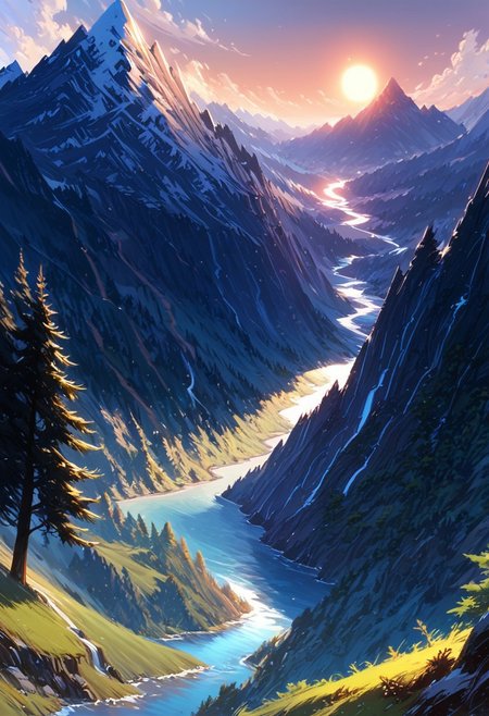 score_9, score_8_up, score_7_up, masterpiece, landscape, trees, sun, forest, mountains, river, epiCPhoto, hkmagic