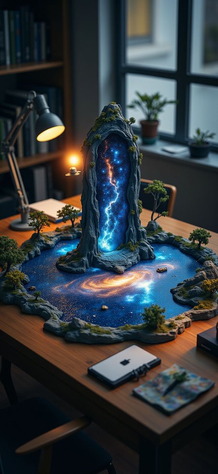 (indoor,very wide isometric view,tilt-shift lens:1.6), (A miniature diorama of:2.5) of (stasis _chamber:1.5), gradation,  gradation,(galaxy,milky way:1.3),  space station at (floating island,levitating  island:1.5) on (table:2) at (study:2.5)  <lora:Diorama_Flux:1>