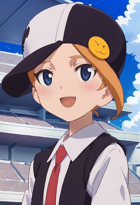 score_8, score_8_up, score_7_up, anime screenshot, source_anime, 1girl, female focus, solo,  hat, sky, necktie, blue eyes, cloud, day, stadium, badge, smile, vest, open mouth, red necktie, baseball cap, looking at viewer, blush, indoors, shop,