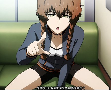 masterpiece, best quality, newest, absurdres, highres, detailed eyes, beautiful, detailed background, perfect eyes, anime coloring, anime screencap,
<lora:My_dad_got_the_MVP:0.7>My dad got the MVP,
Look for your own problems,pointing with one finger,open mouth, 
1boy,male focus,indoors, sitting, parody,solo,looking at viewer,
look for your own problems,pointing with one finger,talking, serious, 
<lora:suzuha:0.9>,suzuha,1girl,twin braids,brown hair,brown eyes,track jacket,bike shorts,cleavage,open jacket,
steins;gate, official art,