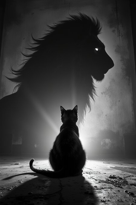 anhei,This is a highly detailed digital artwork in a dark fantasy style,A black cat sits on the ground,facing away from us and casting its shadow in front of it. The silhouette of a majestic lion is projected onto the wall by the light source behind the scene. Black and white photography,soft lighting,high contrast,sharp focus,symmetrical composition,simple background,portrait lens,static posture.,