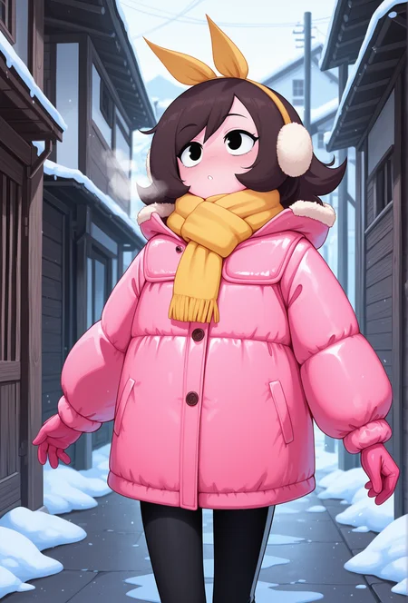 masterpiece,best quality,amazing quality, masterpiece,best quality,amazing quality, <lora:marigold_cabronpr_illustrious_v1f:0.7> marigold, 1girl, solo, hairbow, no nose, black eyes, earmuffs BREAK
yellow scarf, puffy jacket, winter coat, pink coat, breath, snow, black pants, alley, village, detailed background