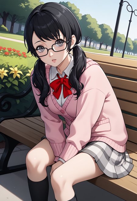 score_9, score_7_up, source_anime, 1girl, sitting, leaning forward, hand between legs, looking at viewer, parted lips, dutch angle, <lora:zs_P5TomokoXL:1> tomokop5x, black hair, long hair, twintails, grey eyes, pink cardigan, medium breasts, white shirt, red ribbon, grey skirt, black kneesocks, park, bench