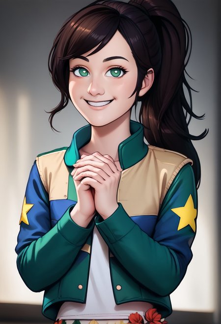 score_9, score_8_up, score_7_up, score_6_up, PRSNL_3_1,  uncensored, pupils black dots, realistic,
warm light, upper body,
hammiekyuranger,
solo, 1girl, jacket, black hair, pantyhose, smile, brown hair, long hair, ponytail, green eyes, floral print, star (symbol) skirt,
