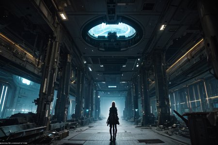 highly insanely detailed, masterpiece, top quality, best quality, highres, 4k, 8k, RAW photo, (very aesthetic, beautiful and aesthetic),  
tsutomu nihei,nihei_tsutomu,blame!,blame gakuen!,abara,TNstyle,sidonia_no_kishi,(deep horizon,tunnel,tower,space,spacecraft,lab,city ruins,giant room),science fiction,flock,biomachine,bioluminescence,empty,vast scenery,perspective,open space,cyberpunk,decrepit,no human,blm, 
<lora:blameLora_v10:0.5>, 
(1girl:1.3), 
solo focus, 
light brown background,âââ