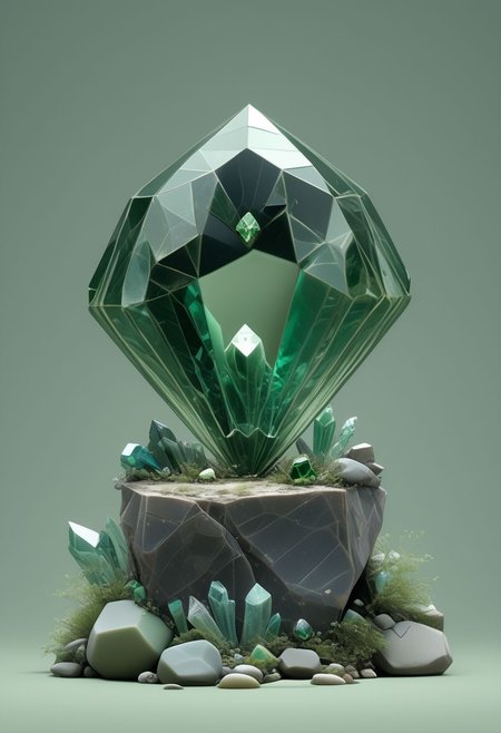 earthelements style, no humans, gradient background, gradient, crystal, green theme, rock, gem, still life, simple background, green gemstone, grass, overgrown, ethereal, green, BREAK  PonyXLV6_Scores