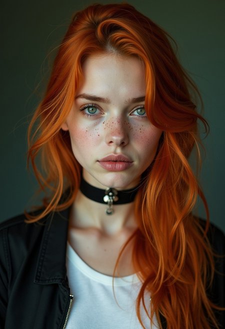 Create a hyper-realistic portrait of a young woman with vibrant, long red hair, gently tousled and flowing over her shoulders. She has striking green eyes with captivating intensity and delicate freckles sprinkled across her fair skin. The expression on her face is serene yet slightly melancholic, with soft, natural makeup highlighting her features. She wears a black choker with a metallic ring in the center, paired with a casual black jacket over a white t-shirt. The lighting is soft and even, with a subtle, moody background in shades of dark green, ensuring the focus remains on her unique, ethereal beauty. Capture a slightly faded, cinematic atmosphere with high detail on facial textures.