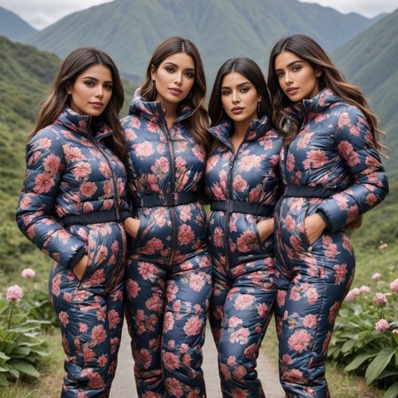 group of south american short women wearing aVintage floral prints    downsuit puffer_downsuit , hyperdetailed photography,4k textures,intricate details,4k resolution,  <lora:puffer_downsuit_v1:0.5>