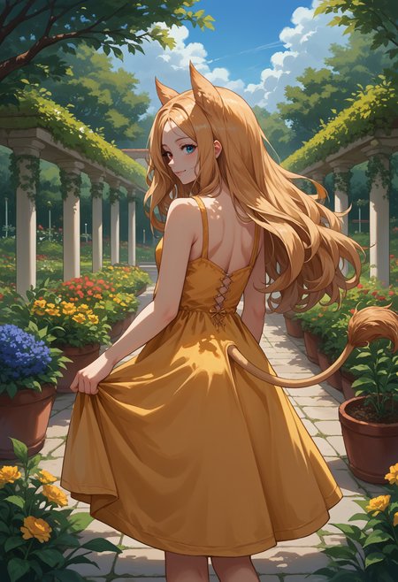 score_9, score_8_up, source_anime, 1girl, solo, ArchettoAK, heterochromia, blonde hair, long hair, animal ears, lion tail, from behind, yellow sundress, garden, day, sunshine, smile, looking back, <lora:ChamArchettoPonyXL:1>