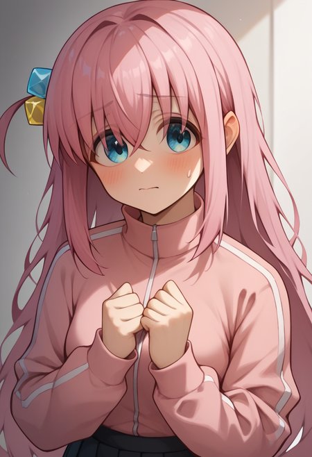 score_9,score_8_up,score_7_up,<lora:gotoh_hitori_pony:1>,1girl, character: gotoh hitori, solo, upper body, looking at viewer, blush, closed mouth, track jacket, pink jacket, pleated skirt, black skirt, long sleeves, highres, skeb commission
