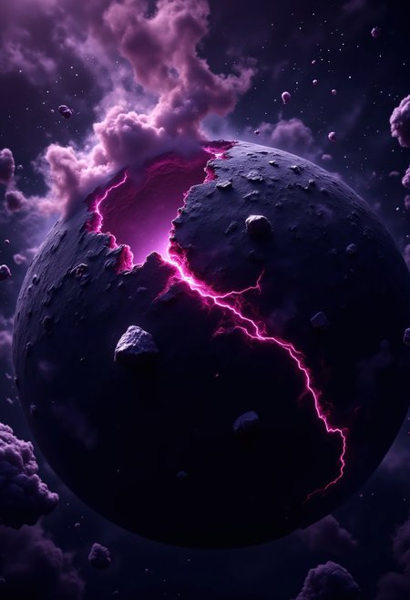 A dark, eerie close-up of a shattered, colossal planet floating in a desolate void. The scene feels oppressive, with jagged fragments of the planet's crust drifting ominously in orbit, illuminated faintly by cracks of glowing magenta and violet energy coursing through the broken surface like veins. The air is thick with swirling nebular mist in deep purples and shadowy pinks, clinging to the jagged debris and creating a ghostly haze. Massive crystalline spires protrude from the planet's surface, their jagged edges glinting faintly as if absorbing and refracting the planet’s dim, inner light. Floating just beyond the surface, shards of ice and crystal tumble slowly, catching stray beams of weak starlight from the void. The atmosphere is heavy and charged, with a faint hum of energy resonating through the debris, as if the fractured world is alive and brooding. Shadows dominate the scene, and the nebula’s eerie, glowing tendrils wrap tightly around the planet, obscuring the stars and heightening the sense of isolation and foreboding. The perspective makes it feel as though you're caught in the gravitational pull of this broken, haunted world, surrounded by a cosmic graveyard of ice, crystal, and darkness