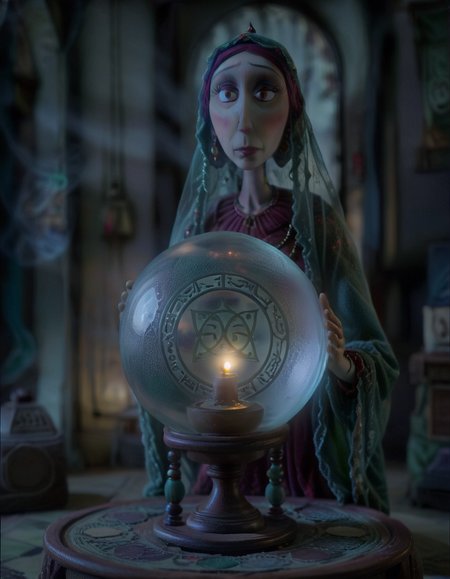 stopmotion, symmetrical, fortune teller, veiled, front, foggy room, dust, gipsy, oracle, crystal ball, low lit room, table, tilt-shift, glow <lora:STOPMO_2.0_RC:1.0>