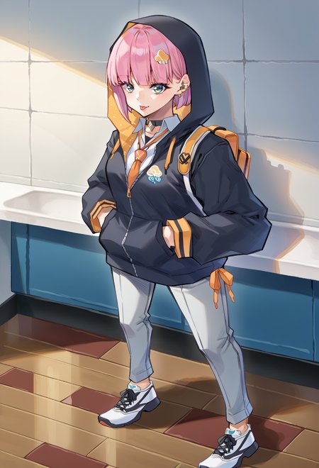 score_9, score_7_up, source_anime, BREAK <lora:AERingo:1> linear hatching,  <lora:AERain:0.7> AERain, multicolored eyes, green eyes, blue eyes, blunt bangs, Pink hair, short hair, asymmetrical bangs, hair ornament, hairclip, black choker, black hoodie, long sleeves, Orange necktie, collared shirt, White shirt, grey pants, shoes, White footwear, zipper, zipper pull tab, hood up, backpack, standing, tongue out,