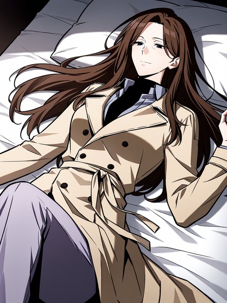 <lora:Omniscient_Readers_Viewpoint__Lee_Sookyun:1>
1 girl, solo, long hair, brown hair, straight hair, center parted hair, black eyes, mature female, 
beige trench coat, long coat, double breasted coat, tied waist belt, black undershirt, navy dress shirt, lavender pants, white slip-on shoes,
score_9, score_8_up, score_7_up, score_6_up, source_anime, masterpiece, best quality, top-down view, a beautiful woman lying on a bed, relaxed pose, long flowing hair spread on the pillow, soft lighting, cozy bedroom, gentle expression, elegant nightgown, delicate sheets, natural shadows, serene atmosphere, slight perspective distortion from above