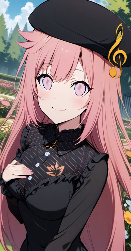 priscadys,mainoutfit,1girl, solo,((upper body:1.4)),pink hair, ((pink eyes)), long hair, breasts,, bangs, medium breasts, very long hair, closed mouth, <lora:priscadys_v1_33:.8> , hair flaps, breasts,looking at viewer, blush,smile,black headwear, beret,treble clef, dress,long sleeves,black sleeves,shirt,black shirt,striped,musical note, frills,frilled dress,,outdoors,garden, flower,trees,blue sky, clouds,day, black dress,((portrait,close-up, dutch angle)),hand on own chest,
