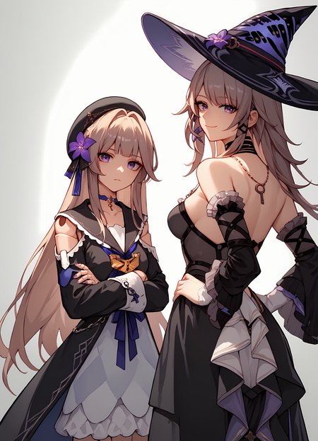 (score_9, score_8_up, score_7_up), 2girls, standing, gradient background, looking at viewer ADDCOMM
<lora:herta-hsrPO-v2ar:0.9>, 1girl, herta, doll joints, beret, purple choker, crossed arms BREAK
1girl, the herta, witch hat, black choker, necklace, detached sleeves, black pantyhose, from behind, smile, closed mouth, hand on own hip,