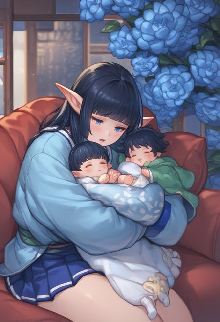 1girl, score_9,score_8_up,score_7_up, blanket over body, 
elf ,pointy ears, blue eyes and long black hair, couplelunia, short skirt blue kimono, long black hair mother, wide long sleeves blue kimono, white sock, green obi, himecut, hime cut, blush, black hair wife, blue eyes, close up shot, upper body, blue flower hairpin, white sock, opened mouth,
 looking down at baby, sitting down, (baby sleeping), baby carry, holding baby,