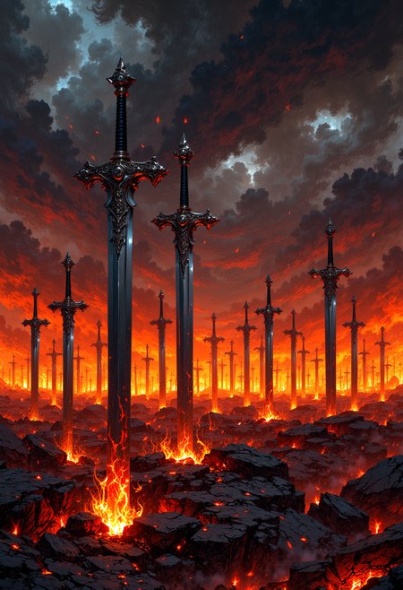 mythp0rt, Image is a dramatic digital artwork depicting a fiery landscape with numerous swords embedded in the ground. The scene is set under a turbulent sky filled with dark, swirling clouds, contrasting with the intense orange and red flames that engulf the terrain. The swords, metallic and reflective, vary in size and are positioned at different angles, creating a sense of depth and chaos. The lighting is dynamic, with the flames casting a warm glow on the swords and the surrounding area, enhancing the apocalyptic atmosphere. The overall composition is diagonal, leading the viewer's eye from the foreground to the background, where the swords gradually diminish in size, suggesting a vast battlefield. The image conveys a sense of destruction and conflict, with the fiery elements dominating the scene.  <lora:FluxMythV2-000009:1>