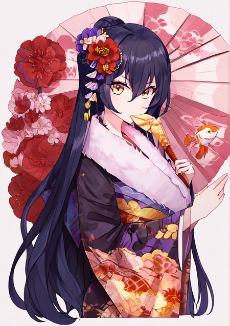 1girl, huge breast, animal, black hair, black kimono, blue umbrella, blush, bow, braid, checkered, covered mouth, fish, floral print, flower, folded fan, folding fan, goldfish, hair between eyes, hair bow, hair bun, hair flower, hair ornament, hand fan, holding, holding fan, japanese clothes, kimono, long hair, long sleeves, looking at viewer, obi, oil-paper umbrella, print kimono, purple bow, purple flower, red flower, sash, sidelocks, single hair bun, solo, umbrella, upper body, wide sleeves, yukata,handfixer,zPDXL3  <lora:Breast Slider - Pony_alpha1.0_rank4_noxattn_last:3> <lora:HandFixer_pdxl_Incrs_v1:1><lora:lnji_rnlwls34RNJI:1>