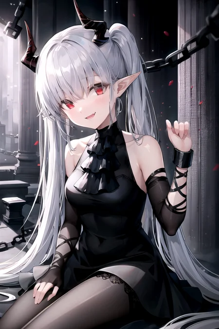<lora:sarkazgirl-03:1>, BREAK white hair, horns, very long hair, twintails, red eyes, medium breasts, black dress, black ascot, single sleeve, chains, chained down, chained wrists, pointy ears, one bare shoulder, chained to pillar, sitting, pantyhose, single leg pantyhose, smiling, fangs, head tilt, fluffy hair, disheveled hair, upper body