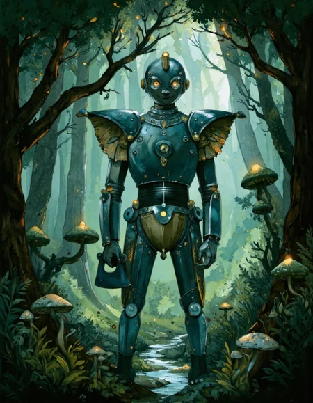 <lora:LV_NEW:1>, Iron Woodman standing in an enchanted forest, his metallic body reflecting dappled light. His axe is polished to a shine, and his round face shows gentle determination. Style: Vladimirsky's blend of mechanical details (rivets, gears) with soft, organic lines. The forest has bioluminescent mushrooms and trees with Art Nouveau curves. Use a cool metallic palette with pops of emerald green, lighting