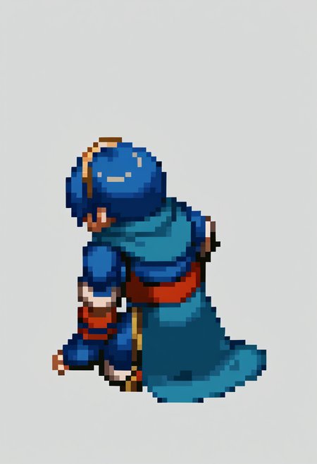 score_9, score_8_up, score_7_up, source_anime, BREAK, solo, 1boy, <lora:FFT-SpritesV2-pdxl_Fp:1>, kneeling, from behind, from side, pixel art, simple background, <lora:Marth-pdxl_Fp:1>, marthfe, blue hair, short hair, tiara, blue tunic, armor, cape, fingerless gloves, boots,