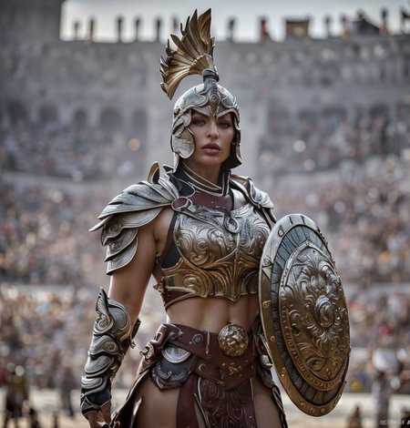 RAW photo, (masterpiece:1.3), subsurface scattering, heavy shadow, (high quality:1.4), (intricate, high detail:1.2), professional photography, HDR, High Dynamic Range, realistic, ultra realistic, photorealistic, high resolution, film photography, ambient lighting, atmospheric effects, <lora:detail_slider_v4:2>, OverallDetail, Nadine, <lora:Nadine:1>, as a female gladiator wearing intricate armor, shoulder armor, belt, cape, breastplate, <lora:Gladiator1:0.56>, upper body shot, in a fantasy arena, holding a shield, dynamic fighting pose, spectator crowd, (perfect hands), <lora:Arena:0.56>,  <lora:zoom_slider_v1:1>, epiCPhoto