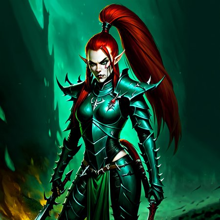 <lora:aeldari_xl_7:1> aeldari, drukhari, standart drukhari, drukhari's armor, 1girl, solo, long hair, hair ornament, ponytail, weapon, red hair, pointy ears, sword, hand on hip,  knife, shoulder armor, pauldrons, breastplate, dagger,  armor