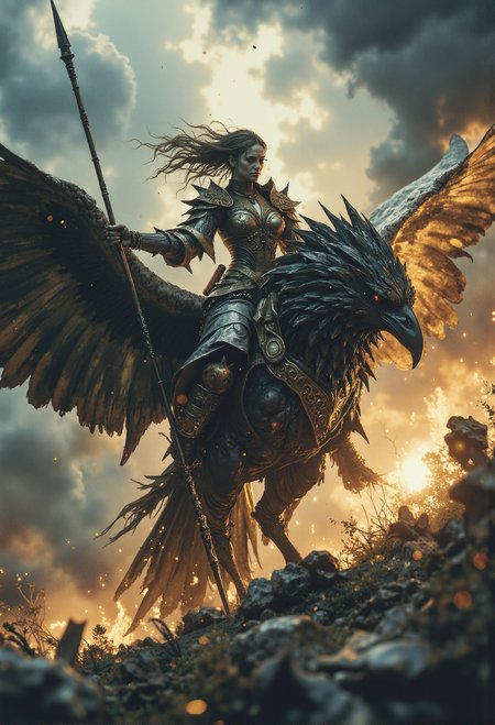 Warrior princess, riding a massive raven, wielding a fiery spear, wind blowing through her hair, stormy sky <lora:Elden_Ring_-_Yoshitaka_Amano.safetensors:1.0>,  <lora:aiai-Glimra-Flux-Dev-v2.safetensors:0.5>, <lora:Movie_Portrait.safetensors:0.8>,  <lora:- Flux1 - soothing_atmo_V2.0.safetensors:0.4>,  <lora:lith_mimosa_kiel_grw134_FLUX.safetensors:0.7>, <lora:Instant camera portrait photography V2.0.safetensors:0.5>,