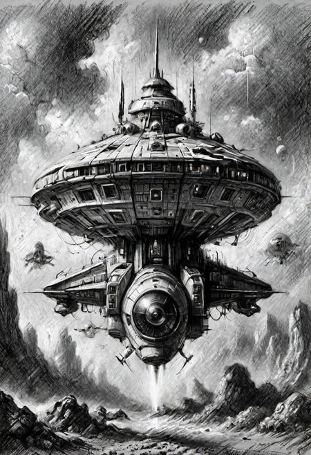 (masterpiece), 
A spaceship,
Black and white tones,
HDR, highly detailed, 32k, 
looking at viewer,