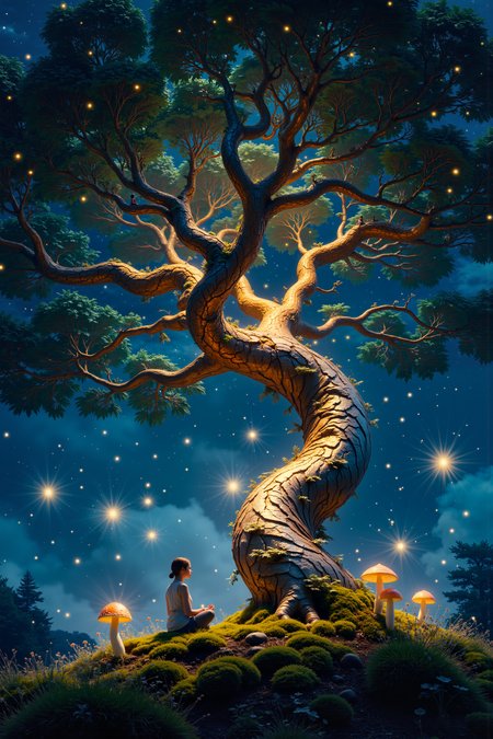 a massive, ancient tree with bark made of gold and silver spirals up into the night sky, its branches woven with twinkling stars. At its base, a small figure sits cross-legged, surrounded by glowing mushrooms and tiny, luminous fireflies that dance in the cool air. The figureâs eyes are closed, their hands resting gently in their lap as they meditate in the quiet, serene glow of the treeâs celestial light. The treeâs leaves shimmer with vibrant hues, catching the light of the stars above and casting a soft, ethereal glow over the scene. The textures of the treeâs metallic bark, the soft moss beneath the figure, and the delicate, glowing fireflies create a richly detailed, tactile environment. A soft vignette highlights the peaceful connection between the figure and the ancient tree, capturing the quiet magic of this otherworldly moment.<lora:aidmaMJ6.1-FLUX-V0.1:0.6><lora:Movie_Portrait><lora:Flux DetailerV2>