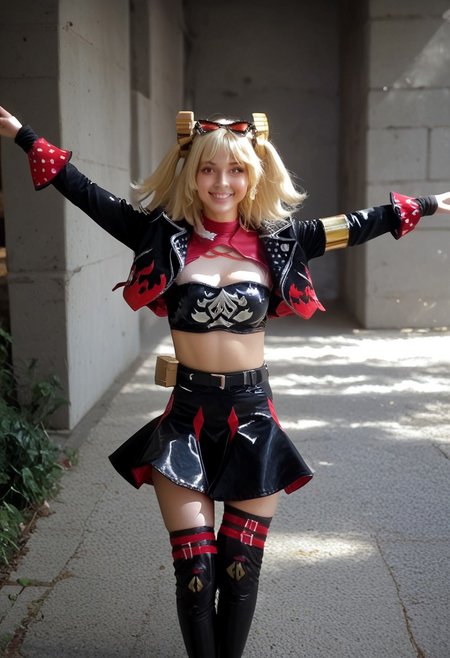 score_9, score_8_up, score_7_up, score_6_up BREAK Burn1ce, 1girl, solo, eyewear on head, outstretched arms, looking at viewer, smile, walking, breasts, bird dance up
