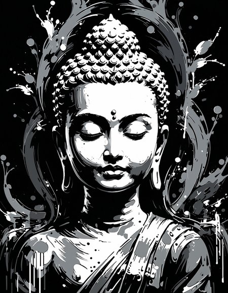 zavy-ngtvpnt, negative space, minimalism, painting, Lesser Crowned "The Birth of Buddha", Grayscale, rich deep colors, glossy, painterly, beautiful composition, quality, dramatic, cute, deep rich colors, intricate artistic color, deep aesthetic, intricate detail, ambient illumination, beautiful elegant, magical