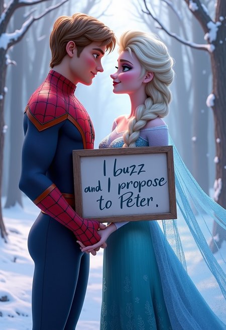 Peter Parker (Spider-Man) and Elsa from Frozen, holding hands in a romantic embrace," "Peter Parker without his mask, with a warm and loving expression," "Elsa wearing a stunning wedding dress with intricate details and a flowing veil," "Elsa holding a large sign with bold, readable text that says: '1 buzz and I propose to Peter,'" "the background is a magical, snowy setting with soft, romantic lighting," "ensure all details are crisp and clear.