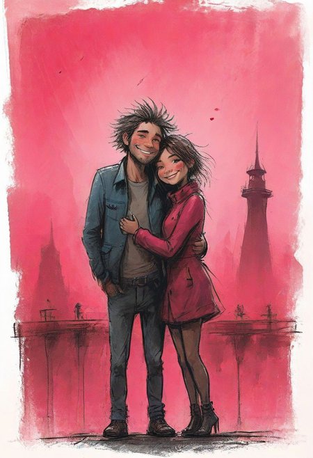 masterpiece, best quality, smiling couple of monstrous lovers, (valentine's day, scene of affection, love, hearts:1.4), gwentd, two-tone hair, lipstick, outdoors, city, cyberpunk, neon lights, cyborg, mechanical parts, cybernetic,surrounded by flashes of pink light,in the background a pink Northern Lights with small floating lights,luminous particle effects