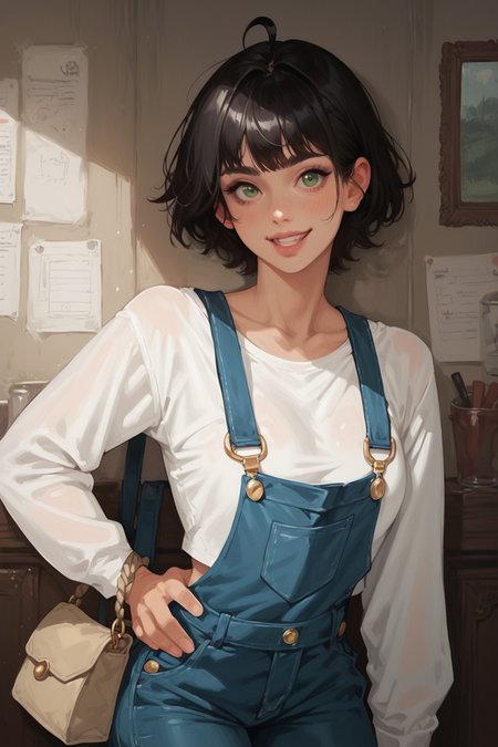 1girl, overalls, solo, short hair, black hair, looking at viewer, bag, green eyes, shirt, smile, blue overalls, breasts, hand on own hip, white shirt, collarbone, ahoge, indoors, crop top, handbag, long sleeves, zPDXL3, detailxl,  Score_PnyReal, (lineless:1.5)