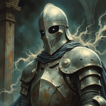 A ghostly figure in ancient armor hovers in a dimly lit room, The armor, tarnished and weathered with time, clings to the ghostly figure, with cracks and gaps revealing the misty, swirling essence within. The ghost eyes peer out from beneath a dented helmet. Long, tattered remnants of a cloak drift weightlessly behind it as if caught in a perpetual wind. The armor's metal clinks faintly, echoing in the silence, while the ghost hovers silently, its presence both haunting and regal in the desolate space, cowboy shot