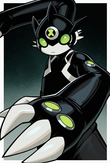 <lora:dito-08:1> dito, solo, no humans, green eyes, white claws, 1boy, black clothing, black arms, dynamic pose, big hands, masterpiece, best quality, amazing quality, very aesthetic, absurdres, newest,, upper body, halftone effect, white borders, abstract background:1.2,