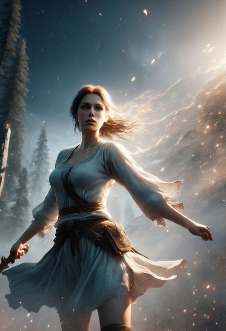 Minimalism, A character with an overhead view angle, lens flares, more dramatic lighting, deeper, a colder color grading, sweat, her expression is of fierce determination, 8k resolution, ultra HDR, and ghostly beauty. hourglass body with The image should reflect intricate details, raw photo quality, and a windy atmosphere. She is holding a sword in her hand. Make her wear shorts clothes. Add more realistic skin. Clear background. Make her more realistic. Remove motion blur. Make image quality same midjourney. Make image same concept game. Make her details and sharpness. Make her skin natural. Concept art portrait by Gottfried Helnwein. Add more graphics quality of Unreal Engine 5.