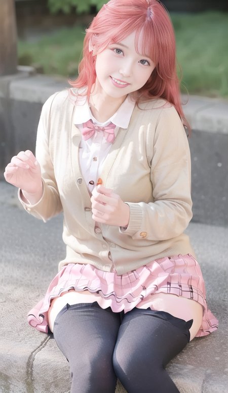 best quality, long hair, smile,(black thighhighs:1.66), (8k, best quality, masterpiece:1.2), (realistic, photo-realistic:1.37), ultra-detailed, full body, small waist, 1 girl,cute, solo,beautiful detailed ,night,sitting,dating,(nose blush),(smile:1.15),(grin) large breasts,(fantasy breasts),(red checkered pleated skirt:1.44), beautiful detailed eyes,(pink school girl cardigan buttoned:1.33),(wearing red checkered bowtie in neck:1),<lora:chilloutmixss_xss10:1>,(pink straight hair:1.66)