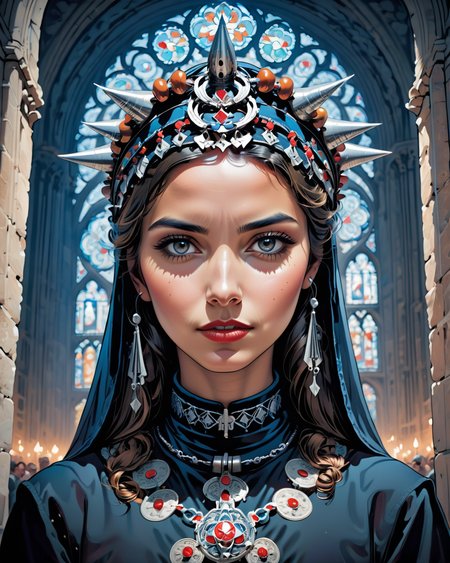 stylized by Apollonia Saintclair, concept art, ground level shot of a Notre-Dame Cathedral full of Futuristic Sekreteris, Low Contrast, <lora:Moroccan_Headdress_Ait_Baamrane:0.8> traditional, headdress