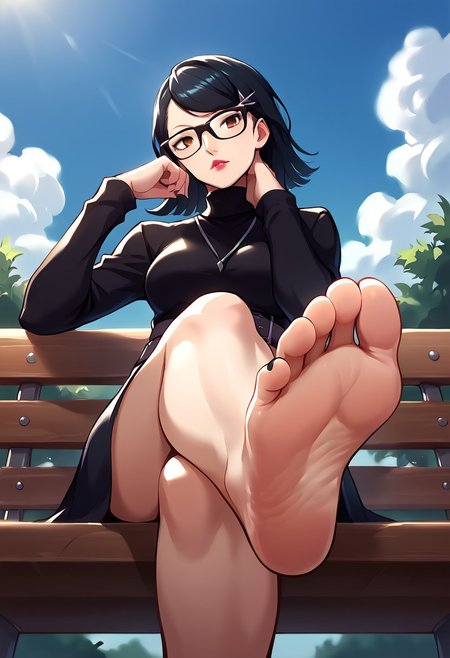 score_9, score_8_up, score_7_up, score_6_up, best_quality, source_anime,
katayamap5x, black hair, short hair, brown eyes, hairclip, glasses, lipstick, necklace, black dress, turtleneck, belt, barefoot, black toenails
detailed background, sitting on park bench, cloudy day, overcast sky,
 curious, :o, bedroom eyes, head tilt, head rest,
 (1sole, 2legs, foot focus:1.3), foreshortening, sole pov, high arched foot,
elegant pose, detailed sole,  high-arched foot, wrinkled sole, (5 toes, perfect feet), crossed legs, (front view, from below:1.2), zPDXL3, detailed,